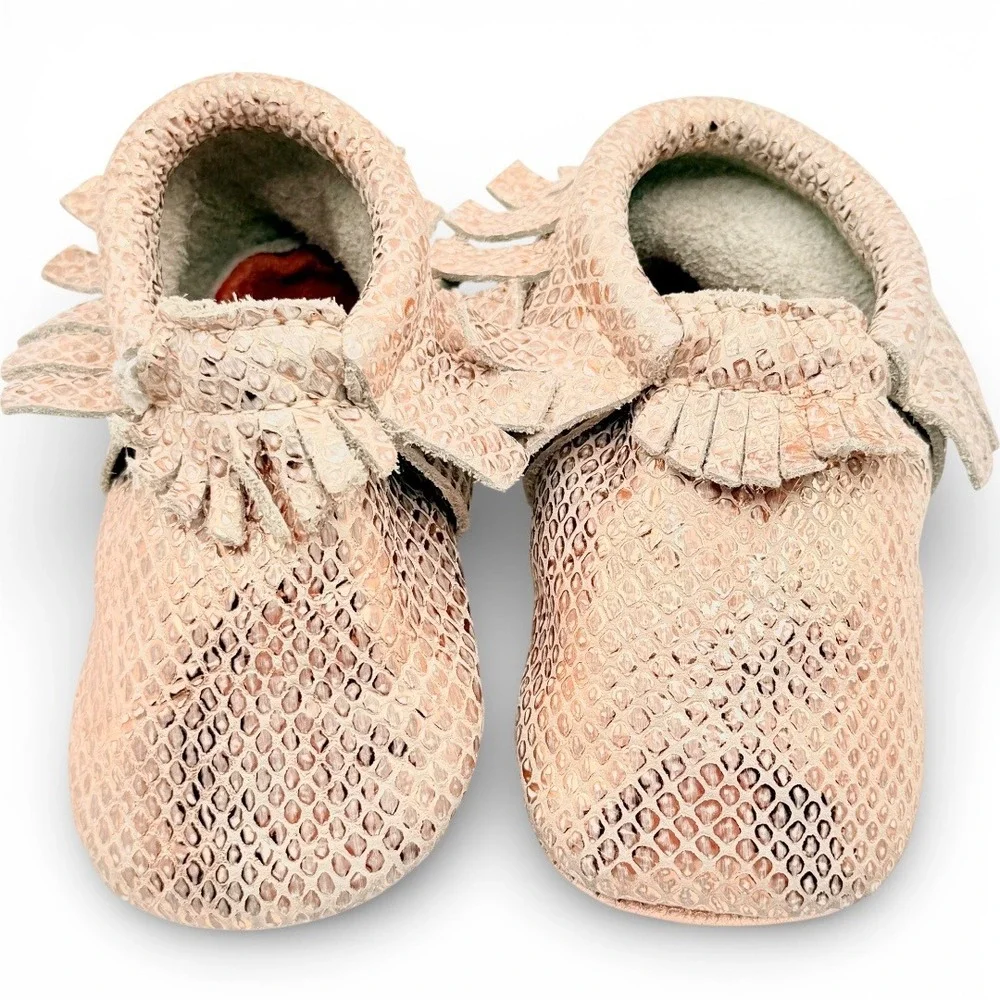 Freshly Picked Rose Gold Leather Baby Classic Moccasin Fringe Soft Sole 4 Luxury